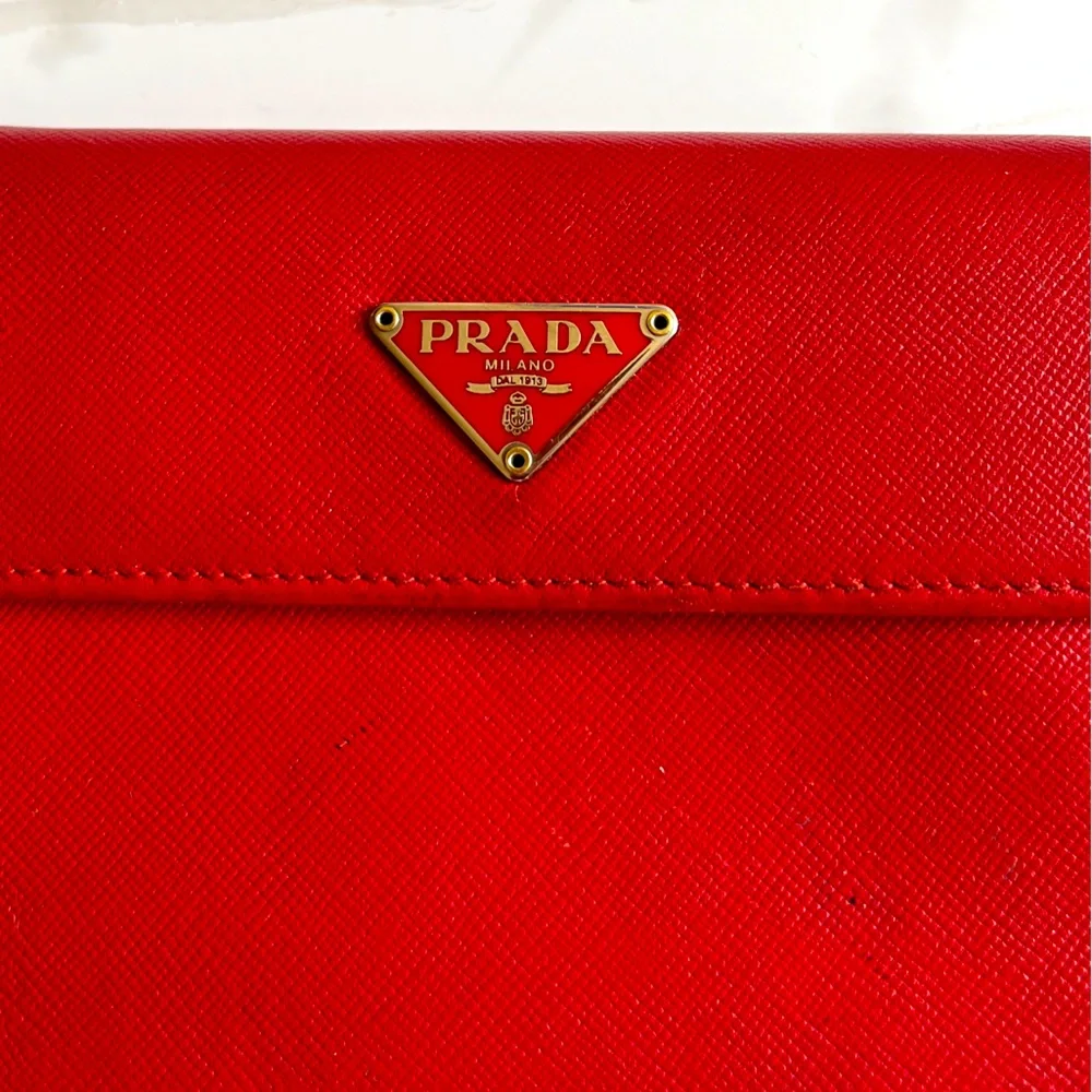 PRADA red Saffiano Leather Wallet. PRADA logo on flap. Preowned condition. - Picture 2 of 16